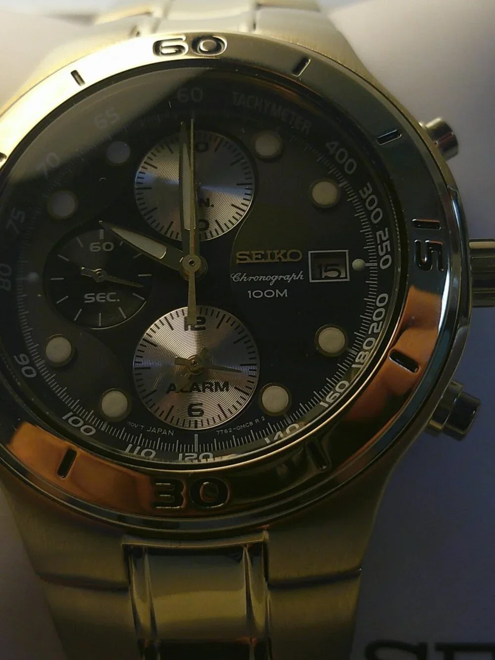 Seiko Chronograph Watch | Gold-Tone | Black Dial | Alarm Function | 100M Water